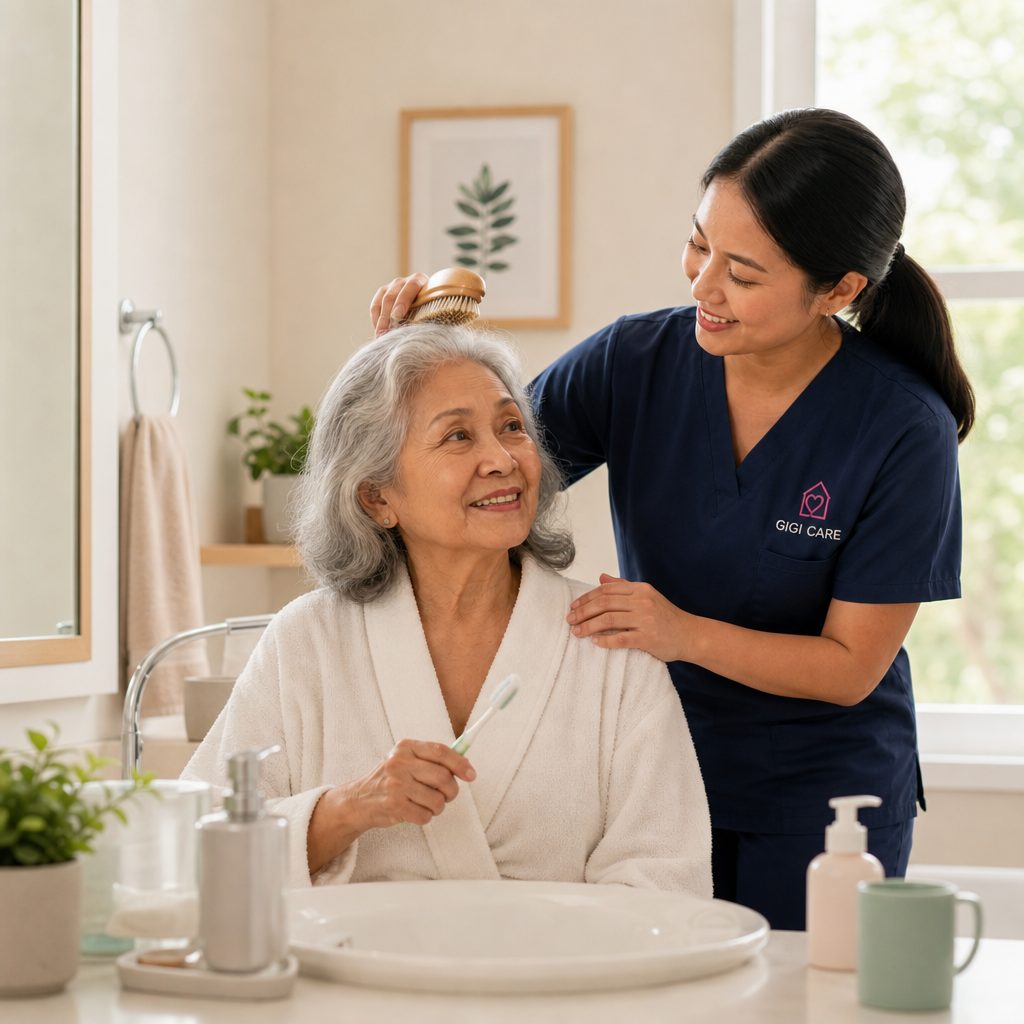 GIGI CARE caregiver providing attentive personal care to a senior client